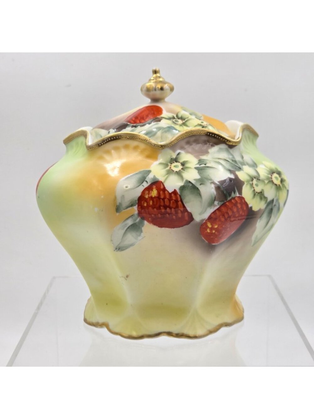 Antique Nippon Biscuit Jar Hand Painted Raspberries Gooseberries w/ Lid Japan - Picture 3 of 13
